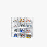 HAOYYE White Large Stackable Shoe Storage Boxes Set of 12 Plastic Mesh Freely Combinable Shoe Organizer Containers for Closet Entryway Bedroom Office Foldable Space Saving Design for Sneakers Flats Boots Transparent Front Easy Access